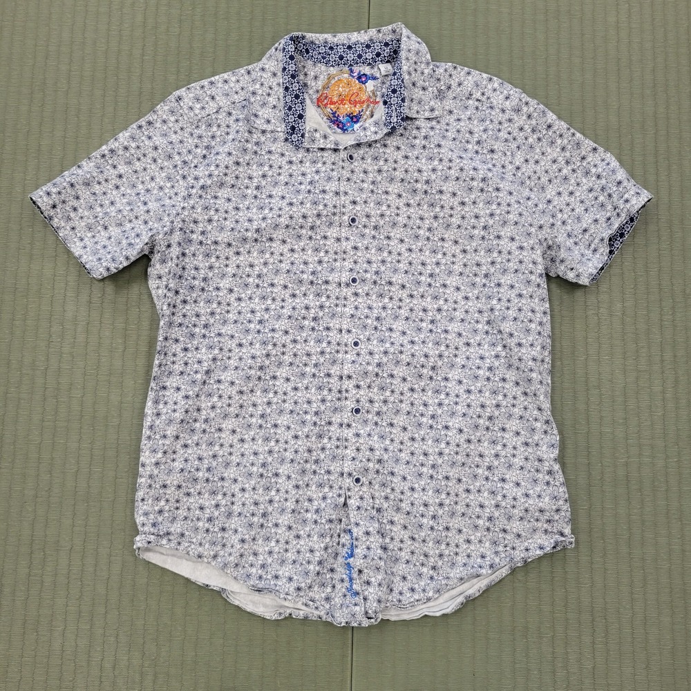 Robert‎ Graham Shirt Mens Size Medium Blue White Floral Button Up Short Sleeve